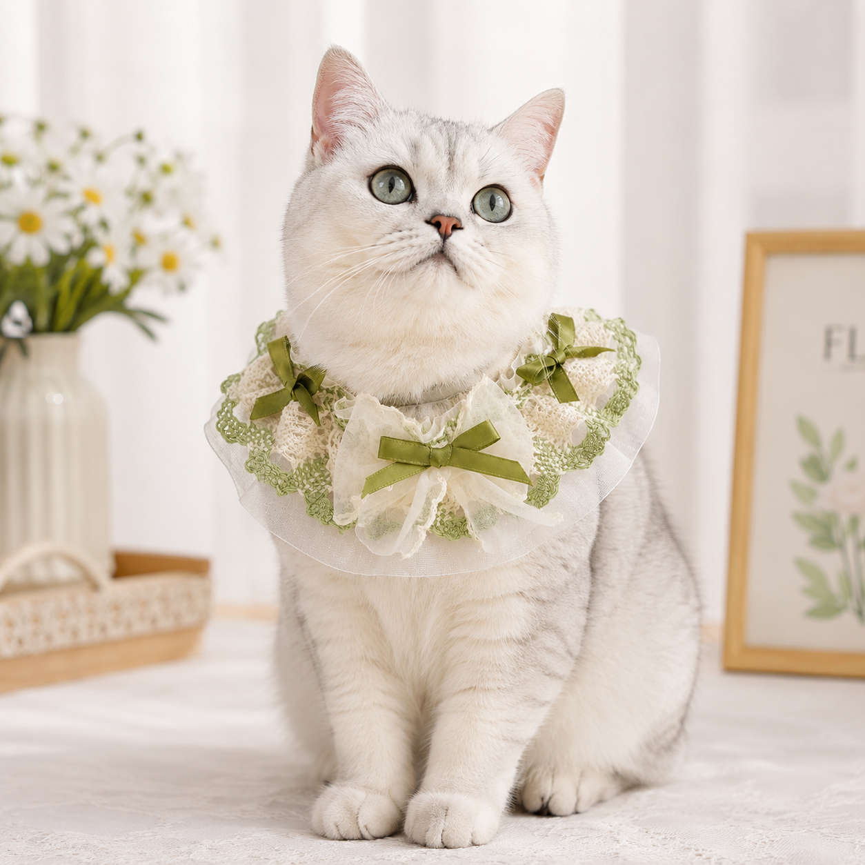 Vintage Lace Cat Collar with Green Bow