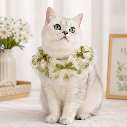 Vintage Lace Cat Collar with Green Bow