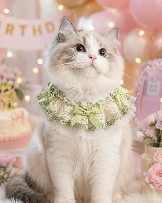 Elegant Ruffle Cat Collar with Green Check Bow