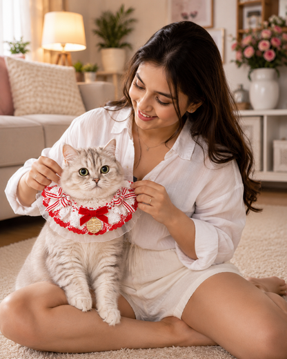 Elegant Red & White Lace Cat Collar