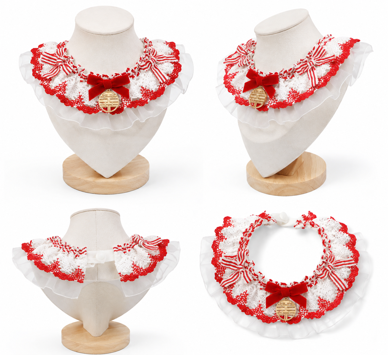 Elegant Red & White Lace Cat Collar