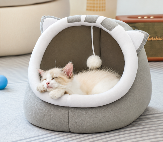 Premium Cute Cat Ear Cave Bed – Ultra-Soft Plush Pet Igloo with Hanging Toy Ball for Cats & Small Dogs