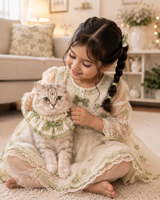 Vintage Lace Cat Collar with Green Bow