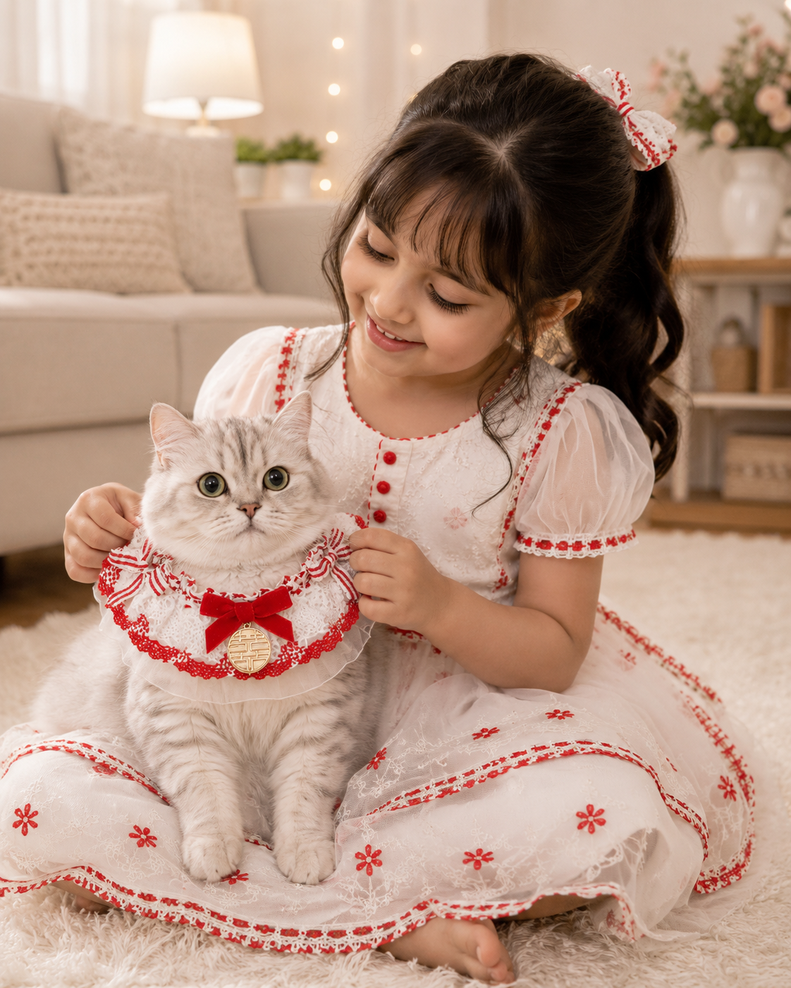 Elegant Red & White Lace Cat Collar