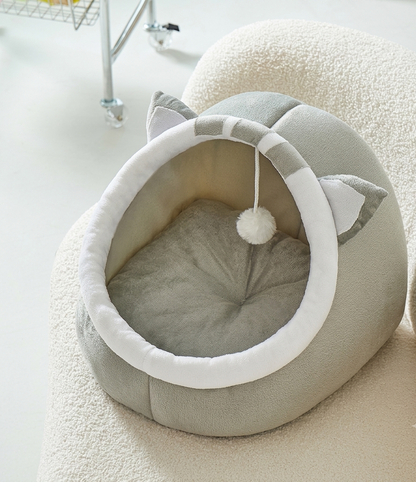 Premium Cute Cat Ear Cave Bed – Ultra-Soft Plush Pet Igloo with Hanging Toy Ball for Cats & Small Dogs
