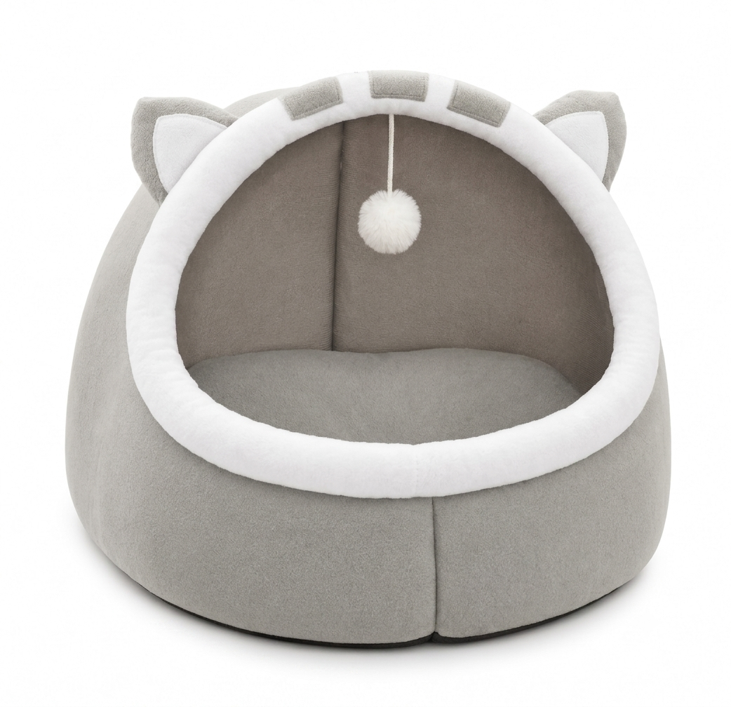 Premium Cute Cat Ear Cave Bed – Ultra-Soft Plush Pet Igloo with Hanging Toy Ball for Cats & Small Dogs